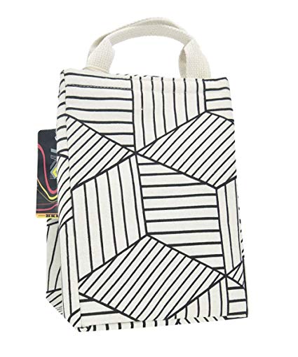 HKEC Reusable Lunch Bag Insulated Lunch Box Cute Canvas Fabric with Aluminum Foil, Lunch Box Tote for Women/Picnic/Boating/Beach/Fishing/Work(White Stripe)