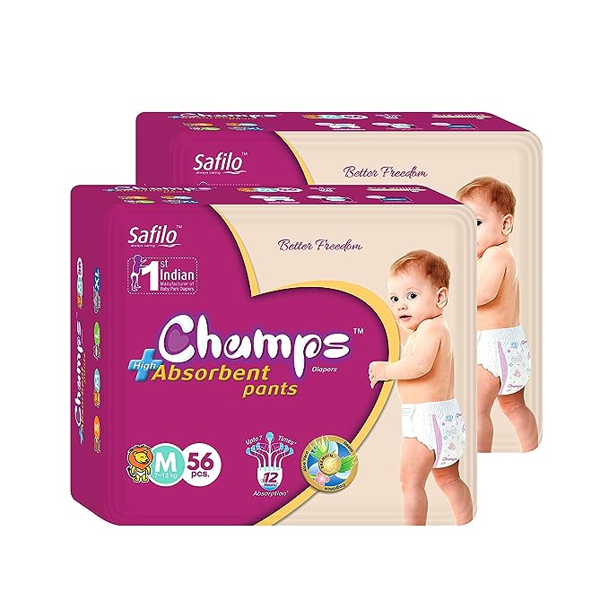 Champs High Absorbent Pant Style Diaper, Medium, 56 Pieces (Pack of 2)