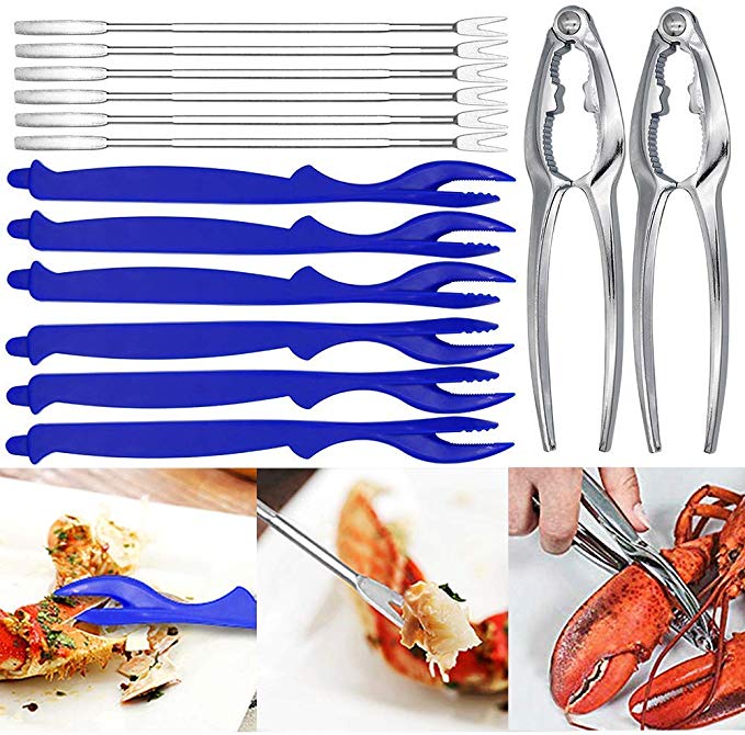 14Pcs Seafood Tools Crab Crackers Nut Cracker Forks Set Opener Shellfish Lobster Leg Sheller Knife Kitchen Accessories (6 Forks   2 Crab Crackers   6 Lobster Shellers）