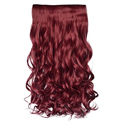 REECHO 20" 1-Pack 3/4 Full Head Curly Wave Clips in on Synthetic Hair Extensions Hairpieces for Women 5 Clips 4.6 Oz per Piece - Wine red