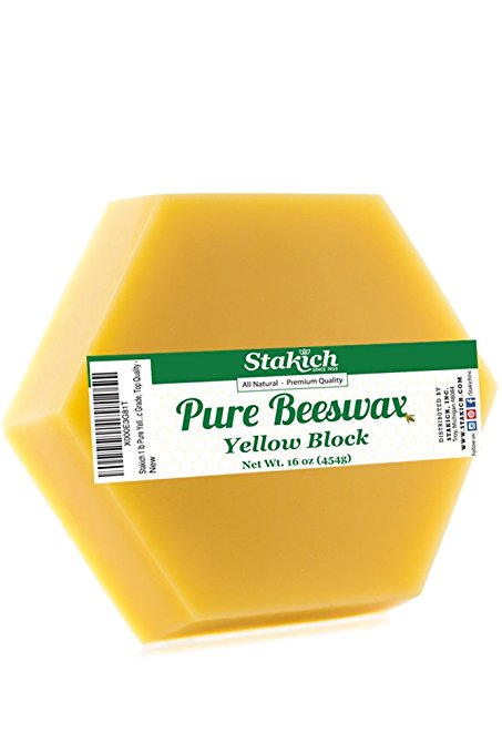 Stakich Pure Yellow BEESWAX Block - 100% Natural, Cosmetic Grade, Premium Quality - (1 lb)