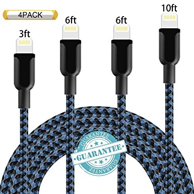 DANTENG iPhone Cable 4Pack 3FT 6FT 6FT 10FT Nylon Braided Certified Lightning to USB iPhone Charger Cord for iPhone 8 7 Plus 6S 6 SE 5S 5C 5, iPad 2 3 4 Mini Air Pro, iPod Nano 7 - Black Blue