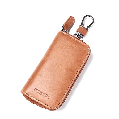 HaloVa Leather Key Case, Car Key Door keys Holder 2 in 1 Wallet with 6 Rings Hanging Buckle 2 Card Slots, Waterproof, durable Large Capacity