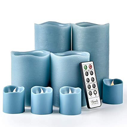 Furora LIGHTING LED Flameless Candles with Remote Control, Set of 8, Real Wax Battery Operated Pillars and Votives LED Candles with Flickering Flame and Timer Featured - Sky Blue
