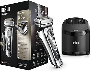 Braun Series 9 9395cc Rasoio a Lamina da Barba Elettrico senza Fili, Base di Ricarica e Custodia da Viaggio in Pelle, Batteria Li-Ion - Rasatura Duratura (60 min), 100 % Impermeabile, Cromato