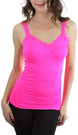 ToBeInStyle Women's Wrinkled Camisole with Lace Trim Straps