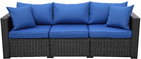 3-Seat Patio PE Wicker Sofa - Outdoor Rattan Couch Furniture w/Steel Frame and Blue Cushion