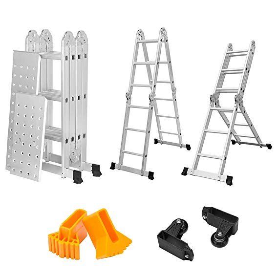 Finether Multi-Purpose Ladder Folding Ladder 12.1 FT Extendable Aluminium Step Ladder Platform Ladder Heavy Duty - Extendible and Versatile with 2 Panels│Safety Locking Hinge│2 Casters for Easy Transpotation│Unti-slip Rubber Feets│330 Lbs Capacity