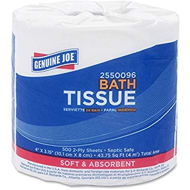 Genuine Joe GJO2550096 2-Ply Standard Bath Tissue Rolls, 500 Sheets per Roll, 4" x 3.15", White (Pack of 96)