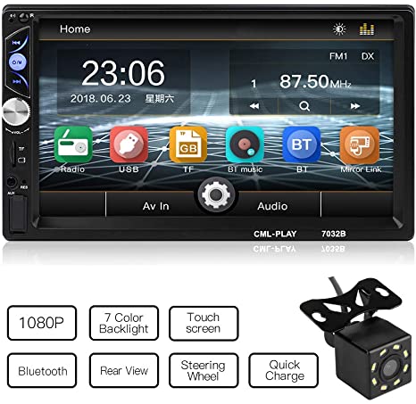 MiCarBa Universal 7-Inch HD 1024 * 600 Double Din Car Stereo Video Player,Touch Screen Car Stereo with Remote Control Support FM Android 4.0-8.0 Mirror Link Rear Camera (CL7032B)