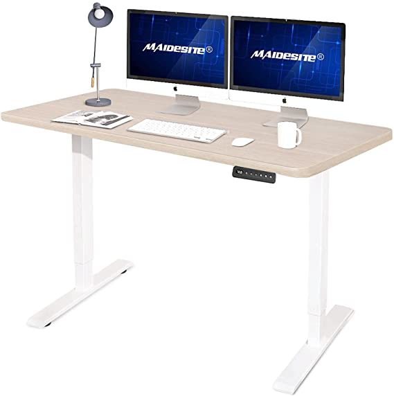 MAIDeSITe Dual Motor Electric Standing Desk Adjustable Height Computer Desk, 48 x 24 Inches Stand Up Desk Workstation Home Office Table, White Frame/Oak Top