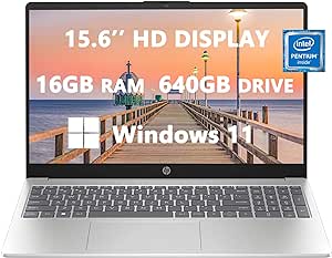 HP 2023 Laptops for Student & Business, 15.6'' HD Computer, Intel Pentium N200(up to 3.7 GHz), 16GB RAM, 640GB(128GB SSD 512GB Card), USB-C, Wi-Fi 6, HDMI, Light-Weight, Windows 11, Silver, RK Bundle