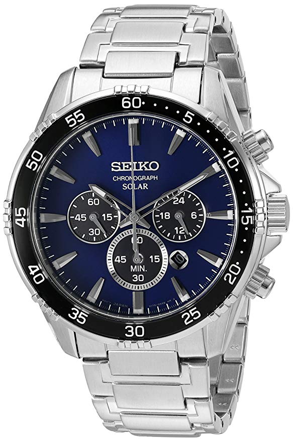 Seiko Men's Solar Chronograph Silvertone Watch with Blue Dial