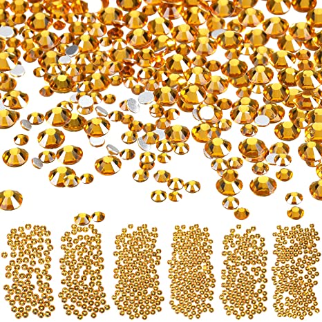 Bememo 3456 Pieces Nail Crystals AB Nail Art Rhinestones Round Beads Flatback Glass Charms Gems Stones, 6 Sizes for Nails Decoration Makeup Clothes Shoes (Gold)