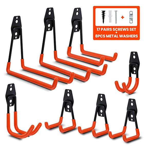 DRILLPRO Heavy Duty Hooks, Garage Hooks for Wall Mount Tool, Garage Hanger Storage for Organizing Power Tools, Ladders and Bulk Items, Pack of 8 hooks with 17 Set Screws and 8 Metal Washers