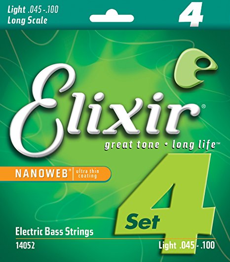 Elixir Strings Nickel Plated Steel 4-String Bass Strings w NANOWEB Coating, Long Scale, Light (.045-.100)