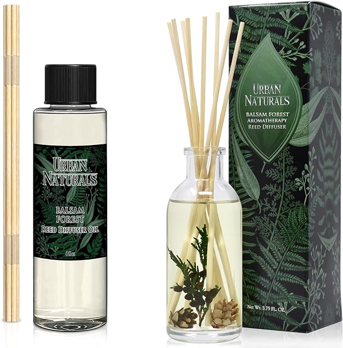 Urban Naturals Balsam Forest Reed Diffuser & Refill Oil Bundle - Real Juniper and Pine Cones – Fraser Fir, Evergreen, Pine, Woodsy Cedar and Sandalwood – Made in The USA