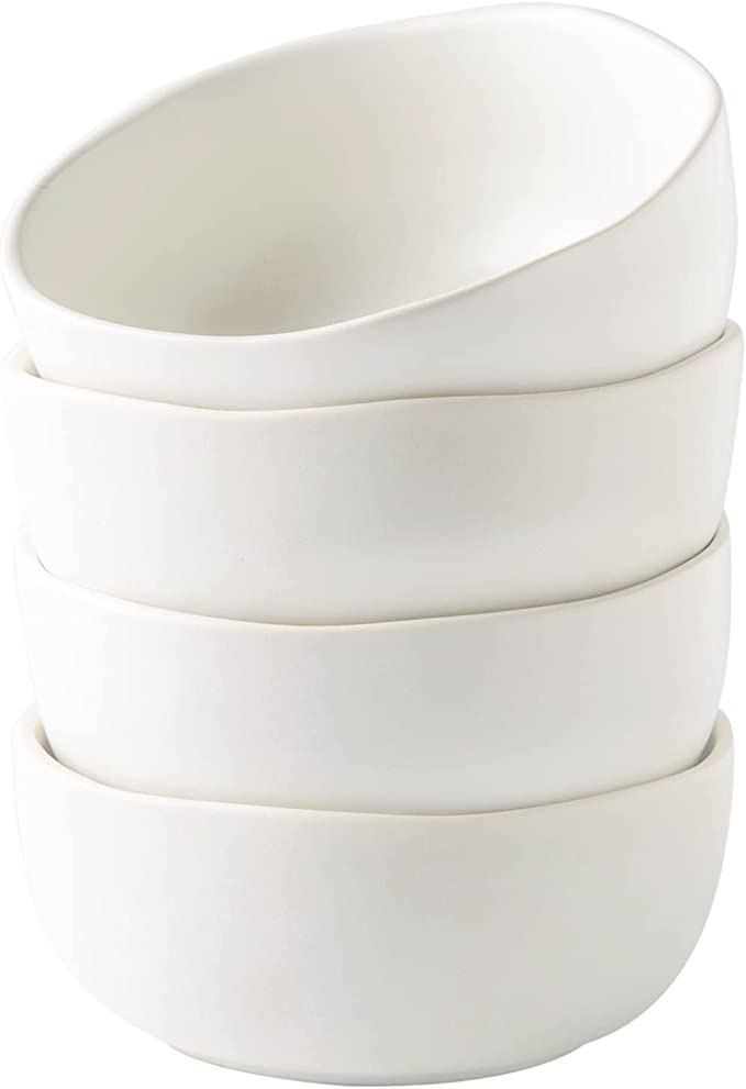 AmorArc Stoneware Cereal Bowls for Kitchen, 28oz Large Ceramic Soup Bowls Set of 4 for Meal, Chip-Resistant Kitchen Bowls with Wavy Rim, Reactive Glaze-Matte White