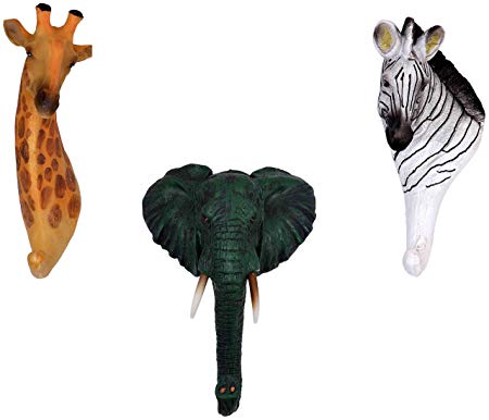 Decorative Animals Giraffe, Elephant & Zebra Resin Wall Coat Hooks (Set of 3)
