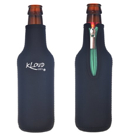 KLOUD City® Neoprene 12 Oz Beer Coolers Coolies Bottle Koozies Sleeve Holder with Zipper (Black)