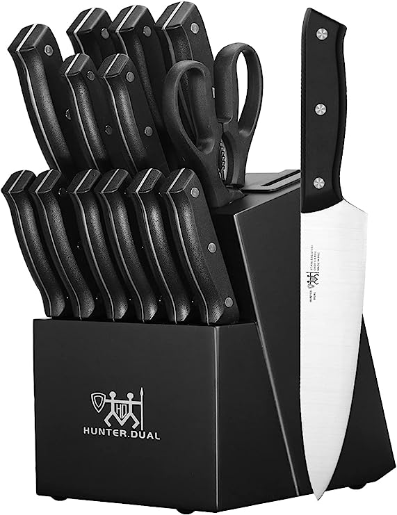 HUNTER.DUAL Knife Sets for Kitchen with Block, 15 Piece Knife set with Built-in Sharpener for Chopping, Dishwasher Safe, Black