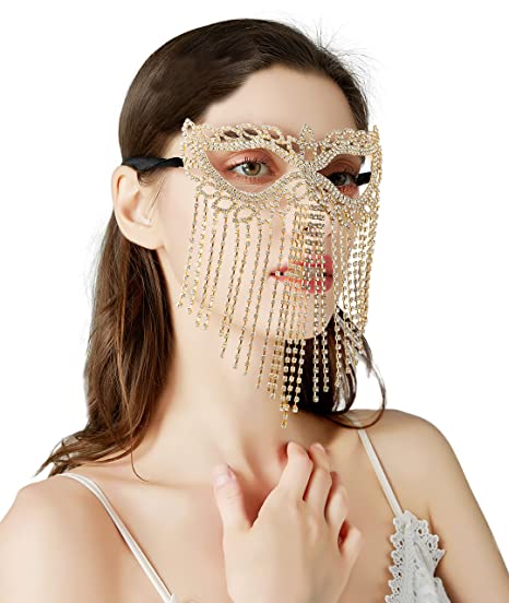 Bellady Rhinestone Cat Eye Fringe Masquerade Mardi Gras Mask with Satin Tie Back,Gold