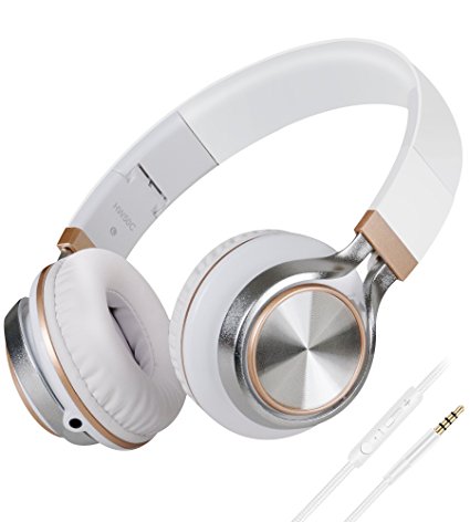 Foldable Headphones, Biensound HW50C Headphones with Microphone and Volume Control Lightweight Stereo Headset for iPad iPhone iPod Tablets Smartphones Laptop Computer PC Mp3/4 (Gold White)