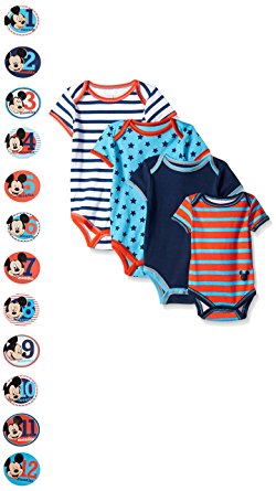 Disney Baby-Boys Grow with Me Bodysuits with 12 Monthly Mickey Stickers (Pack of 4)