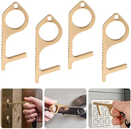 Door Opener Tool, Portable Brass EDC Keychain Tool, 4 PCS No Touch and Contactless Safety Door Opener, Used for Public Doors, Elevators, Touch Screen Buttons, Keeping Hands Clean