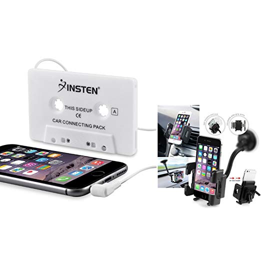 Insten Black Mount Holder White Car Cassette Adaptor For Apple iPhone 8/8 Plus/X/ 7/7 Plus/ 6S/ 6S Plus, Samsung Galaxy S7/S9/S9  Plus Edge/ S7,HTC EVO Shift 4G EVO 3D Vivid