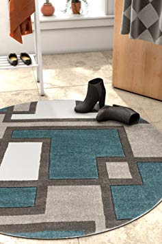 Uptown Squares Blue Grey Modern Geometric Comfy Casual Hand Carved 5 Round (5'3" Round) Area Rug Easy to Clean Stain Fade Resistant Abstract Boxes Contemporary Thick Soft Plush Living Dining Room Rug