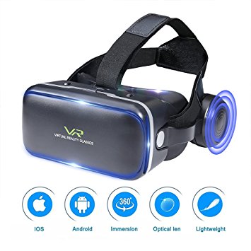 3D VR Headset Virtual Reality Glasses -for 3D Movies Video Games Comfortable VR Goggles with Stereo Adjustable Headphone Compatible with All IOS/Android Smartphones within