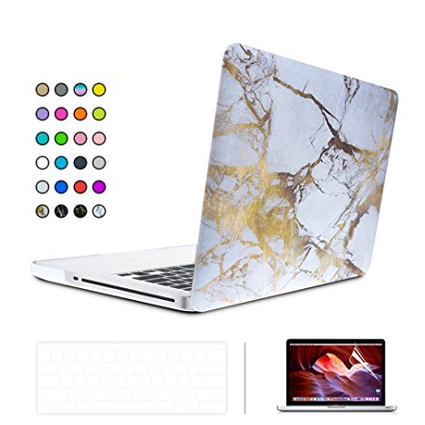 ICE FROG Slim Rubberized Plastic Hard Matte Frosted Case with Soft TPU Keyboard Skin and HD Screen Protecor for Macbook Pro 13 inch - Marble White/Gold