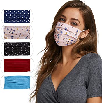 Fashion Washable Reusable Pleated Printed & Solids Mask Set of Five/3 prints & 2 solids/F
