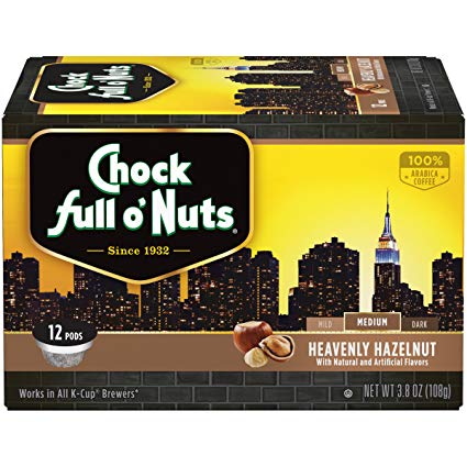 Chock Full o’Nuts Single-Serve Coffee Pods, Heavenly Hazelnut Medium Roast - Premium Arabica Coffee - Compatible with Keurig K-Cup Brewers (12 Count)