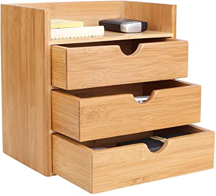 Homfa 3-Tier Drawers Bamboo Desk Storage Box Desk Organiser Desktop Storage Unit Pen Holder for Office Home 20x13x21cm