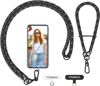 MoKo Crossbody Phone Lanyard, Adjustable Cell Phone Lanyard, Premium 8mm Thick Rope Mobile Phone Lanyard for iPhone, Samsung,and More | Phone Neck Strap×1, Wrist Strapx1, Lanyard Patch×2, Black