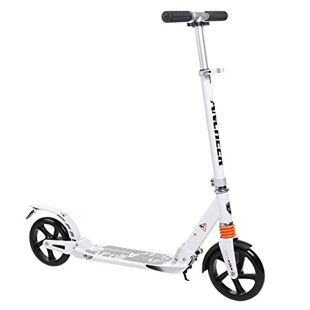 Ancheer Adult/Teen Kick Scooter City Urban Commuter Street Push Scooter- Easy-Folding, Dual Suspension, Aluminum Alloy Frame, Adjustable T Handlebar, 2 Rubber Wheels, Supports 220lbs Weight