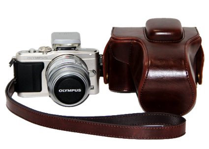 CEARI Detachable Protective Leather Camera Case for Olympus E-PL5 E-PL6 E-PM2 DSLR Camera   MicroFiber Clean Cloth - Coffee