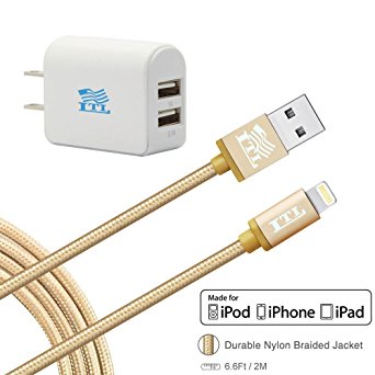 LTI-Direct Apple MFi Certified Lightning 6.5ft Nylon Braided 8 Pin USB Cable Sync Charge Data For All Apple iPhone 7 7S Plus SE 6 6s 5 5S iPod iPad Pro 4th Mini  Wall Adapter