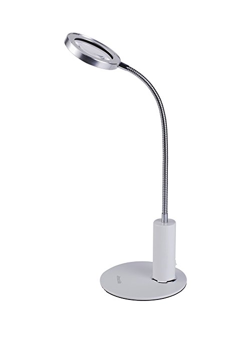 Amazlab DL4W Steel Dual Lens Flexible Magnifier LED Desk Lamp USB Cabled, Powerful 3x6x Magnifying Glass, Smoothly Adjustable Unfloppable Gooseneck and Extra Bright LED Lights. Matte White