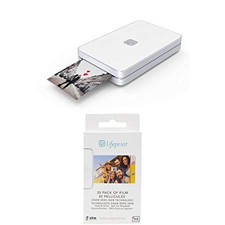 Lifeprint 2x3 Portable Photo AND Video Printer for iPhone and Android. Make Your Photos Come To Life w/ Augmented Reality, White with Zero Ink Sticky Backed Film (30 pack)