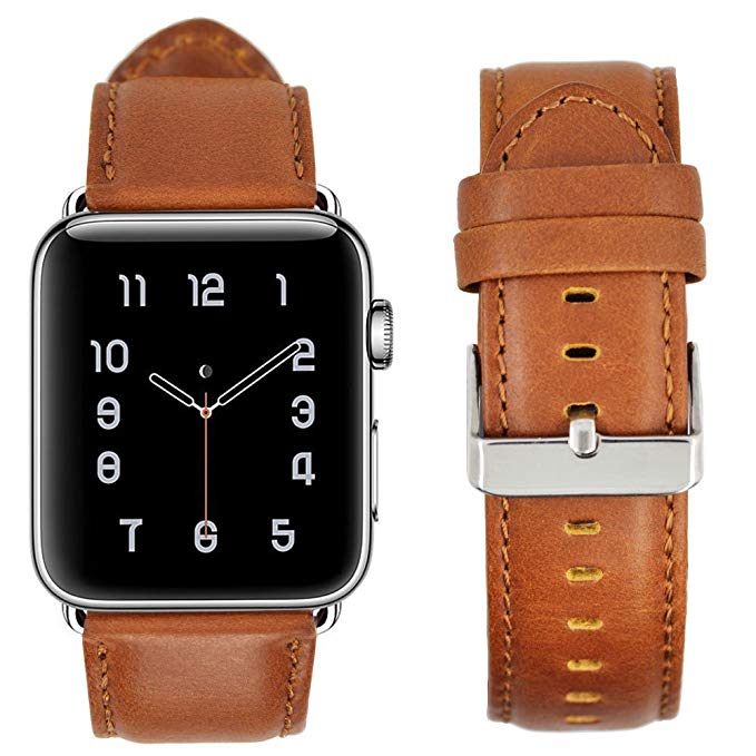 RUOQINI For Apple Watch Band 38MM, Genuine Leather Strap Retro Style Replacement Band for Apple Watch Series 3, Seires 2, Series 1 (Brown) …