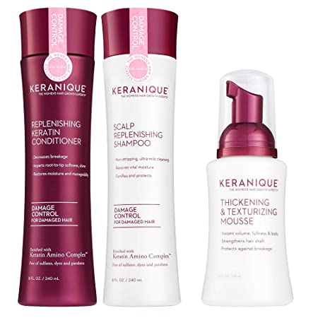 Keranique Hair Thicker Stronger Hair 60 Days System with Keratin Shampoo, Conditioner and Texturizing Mousse for Damaged Thinning Hair, Paraben/Sulfates Free, Maintains Body and Volume