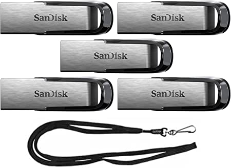 SanDisk 32GB Ultra Flair USB 3.0 Metallic Flash Drive SDCZ73-032G Bundle with (1) GoRAM Black Lanyard (32GB, 5 Pack)