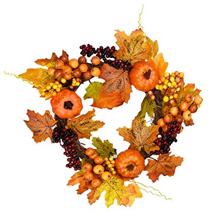 Artificial Pumpkin Maple Leaf and Berry Wreath Fake Fall Maple Leaf Berries Pumpkin Garland Fall Harvest Decorations for Halloween and Thanksgiving Wedding Party Dinner Fireplace Home Decor