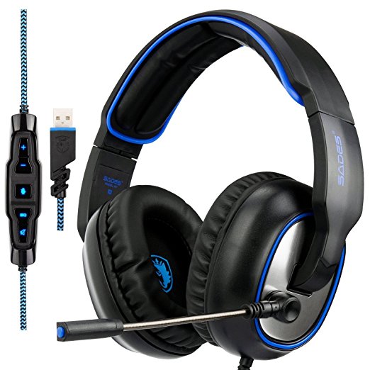 Sades R7 Virtual 7.1 Channel Surround Sound gaming headset, USB Wired Over Ear Headphones with Mic&Four EQ Mode&Noise Cancelling & Volume Control & LED Retractable Microphonfor PC Mac