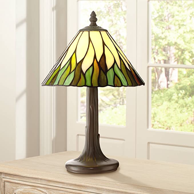 Foglia Cottage Antique Accent Table Lamp 14 1/2" High Brown Tree Stained Glass Shade for Bedroom Bedside Nightstand Office - Robert Louis Tiffany