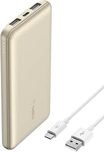 Belkin BoostCharge USB-C Portable Charger 10k Power Bank w/ 1 USB-C Port and 2 USB-A Ports with USB-A to USB-C Cable for iPhone 16, 16 Plus, 16 Pro, 16 Pro Max, Samsung Galaxy S24, & More - Gold