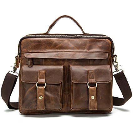 Harrms Genuine Brown Leather Shouler Briefcase,Laptop Bags For Men 100% Italian Cowhide